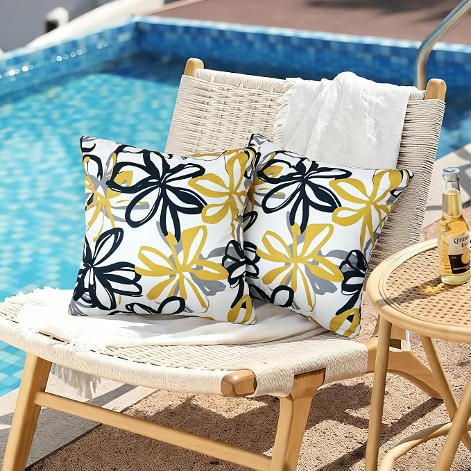 Floral Waterproof Outdoor Throw Pillow Covers 18x18 Inch Set of 2 | Blue and Yellow Floral Pillow Cover, Summer Outdoor Decor Cushion Cases for Garden Patio Balcony Funiture Porch Couch Sofa