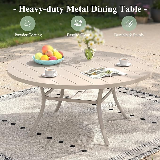 Outdoor Dining Table for 8, 53" Round Outdoor Table with Adjustable Umbrella Hole, All-Weather Metal Patio Dining Table for Lawn Garden Backyard Deck, Sandshell