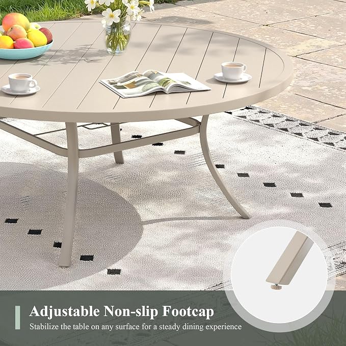 Outdoor Dining Table for 8, 53" Round Outdoor Table with Adjustable Umbrella Hole, All-Weather Metal Patio Dining Table for Lawn Garden Backyard Deck, Sandshell