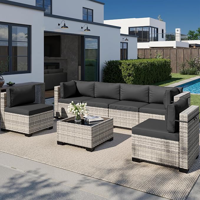 7-Piece Outdoor Patio Furniture Set, PE Wicker Rattan Sectional Sofa Conversation Set with Tempered Glass Table & Thick Cushions - All-Weather Garden, Backyard Furniture, Dark Grey