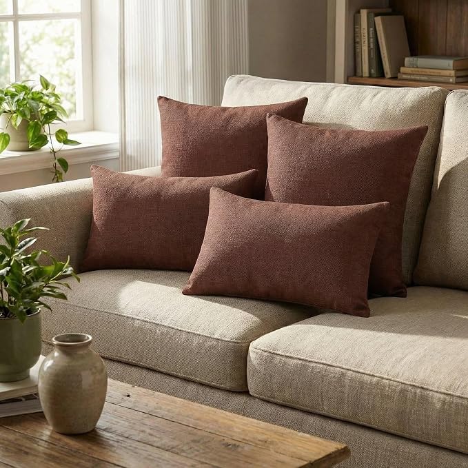 RSH DECOR: Sunbrella Lumbar & Square Pillows Set of 4 | 20" x 12" & 17" x 17" | Water and Fade-Resistant Performance Fabric | Outdoor Throw Pillows | Made in USA (Essential Russet)
