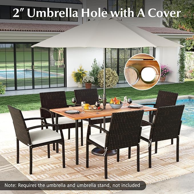 HAPPYGRILL 7-Piece Patio Dining Set Outdoor Rattan Wicker Furniture Set with Umbrella Hole, Steel Frame, Acacia Wood Tabletop & Removable Cushions, for Backyard, Porch, Garden