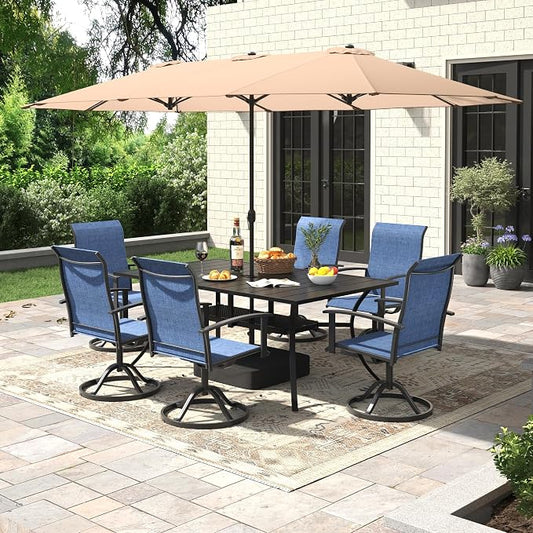 7 Pieces Patio Dining Set with Patio Umbrella, Outdoor Furniture of 59.2" Rectangular Patio Table and Patio Swivel Chairs for Backyard Lawn Garden, Black Table and Dark Blue Chairs