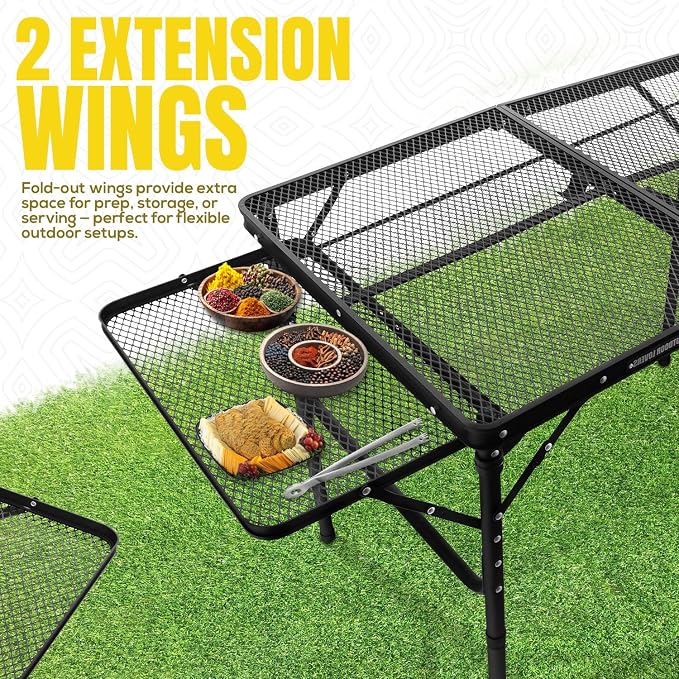 Folding Grill Table with Extension Boards | Portable Camping Table for Beach, BBQ, RV & Tailgating | Heavy Duty Metal Foldable Outdoor Prep Table | Supports 88 lbs, Mesh Design USA