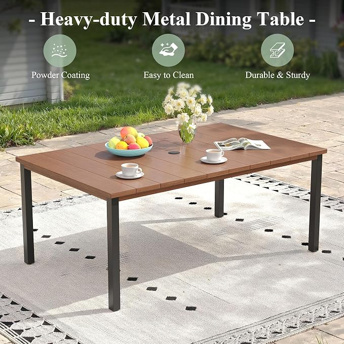 7 Pieces Patio Dining Set with Patio Umbrella, Outdoor Furniture of 63" Rectangular Patio Table and Patio Swivel Chairs for Backyard Lawn Garden, Walnut Table and Mixed Brown Chairs