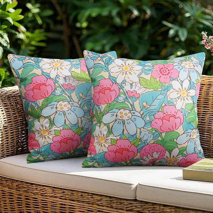 JASEN Outdoor Waterproof Throw Pillow Covers 18x18 Inch, Spring Floral Double Sided Decorative Square Covers for Patio Furniture Garden Square Couch & Sofa - Pack of 2 (Floral A)