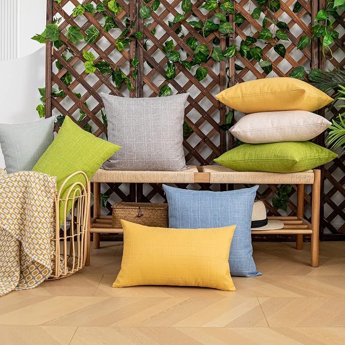 Kevin Textile Outdoor Waterproof 12”x20” Pillow Covers 2 Pack, Yellow | Water Resistant, Soft Faux Linen-cotton Yarn-dyed Woven Texture Throw Pillow Covers for Tent Patio Garden Couch Sofa