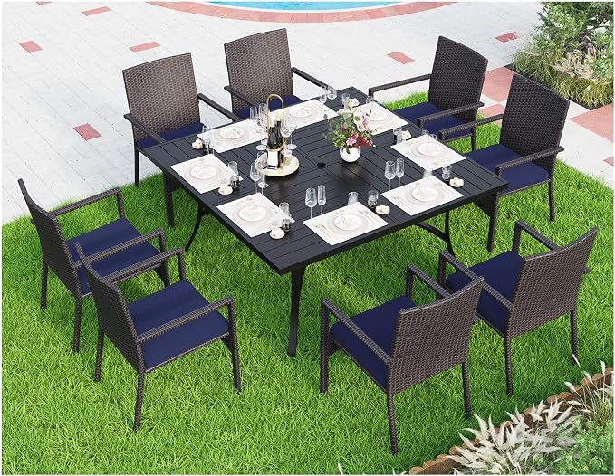 MFSTUDIO 9 Pieces Outdoor Dining Set for 8, 57" Square Table & Wicker Chairs with Cushions, Durable Patio Dining Furniture Set for Deck, Large E-Coated Metal Dining Table for 8