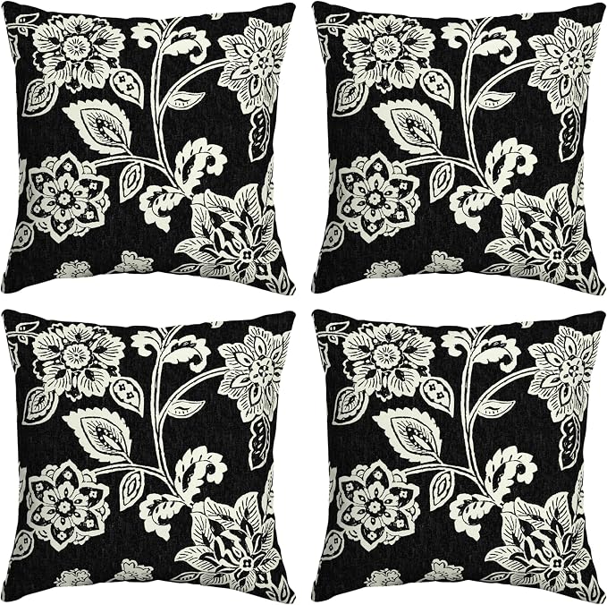 Arden Outdoor Toss Pillow, 4-Pack, 16x16, Black Jacobean | Indoor/Outdoor Décor, Set of 4, 16 x 16, Rain-Proof, Fade Resistant, Mold and Mildew Resistant