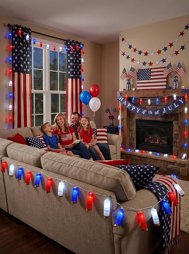 8.5Ft 4th of July String Lights, 10 LED Red White Blue Shotgun Shell Lights | Plug in for Home Classroom Porch Backyards Tree Patriotic Holiday Decorations, Indoor and Outdoor Use