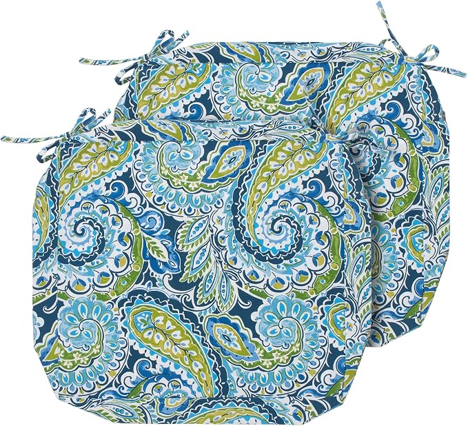 Magpie Fabrics Indoor Outdoor Cushion Cover Replacement 2 Pack, NO Insert! Water Repellent Slipcover with Ties Decor for Patio Garden Chair Seat Sofa Bench Wicker(Paisley Lapis Green, 20x18x4 Inch)