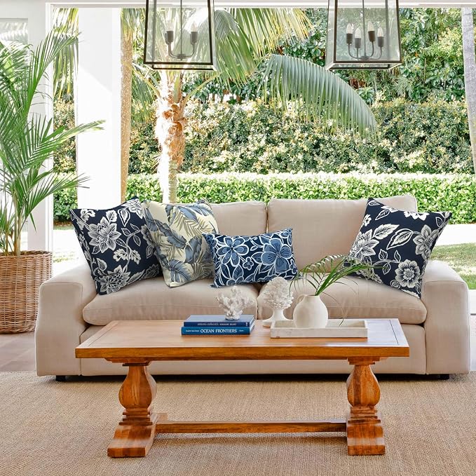 Outdoor 20x20 Inch Throw Pillows with Inners, Square Pillows Decorative Set of 2 for Home Garden Furniture, Elegant Vines Navy