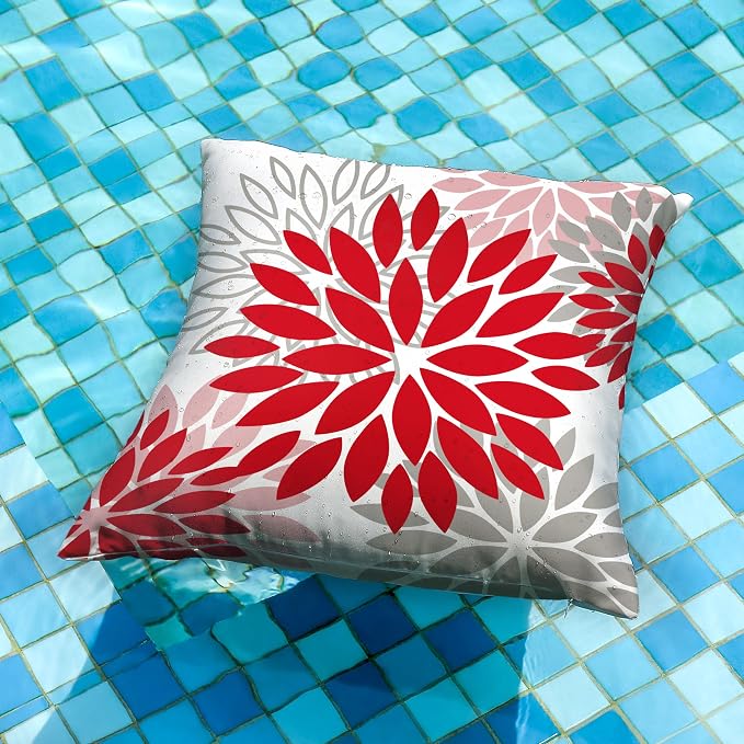 DFXSZ Outdoor Waterproof Pillow Covers 16x16 Set of 2 Red Pink Grey Flower | Spring Summer Waterproof Flower Throw Pillowcases（No Inserts）Decor for Valentines Patio Funiture Garden Polyester Covers