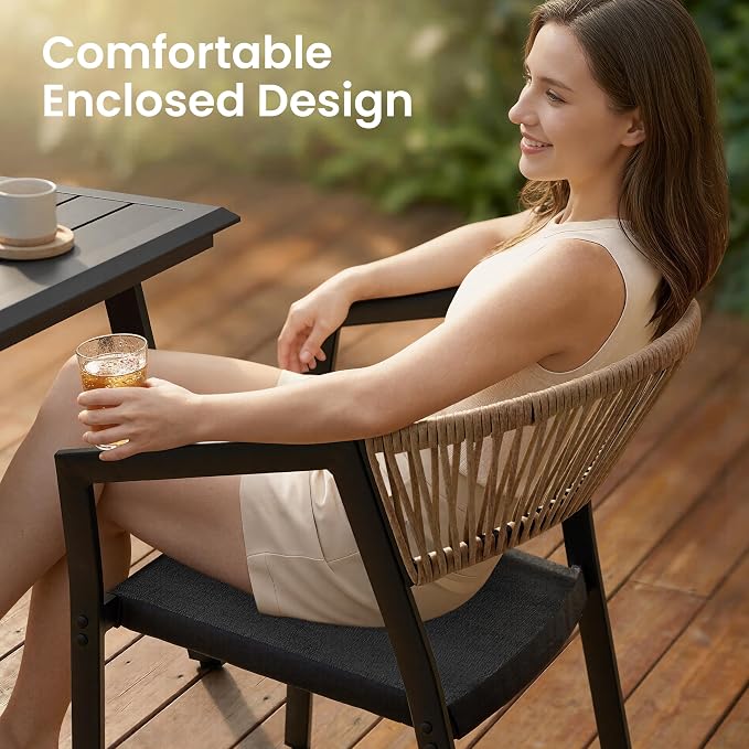 Outdoor Dining Chairs Set of 2 Aluminum Stackable Patio Chairs | Wicker Barrel Backrest Armchairs for Patio, Deck, Backyard, Brown