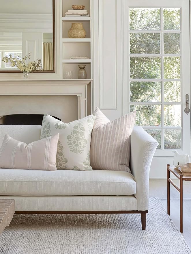 Modern Farmhouse Fall Linen Indoor Outdoor Throw Pillow Cover Only, 20"x20" Water Repellent for Patio, Backyard, Couch, Light Green Neutral Floral