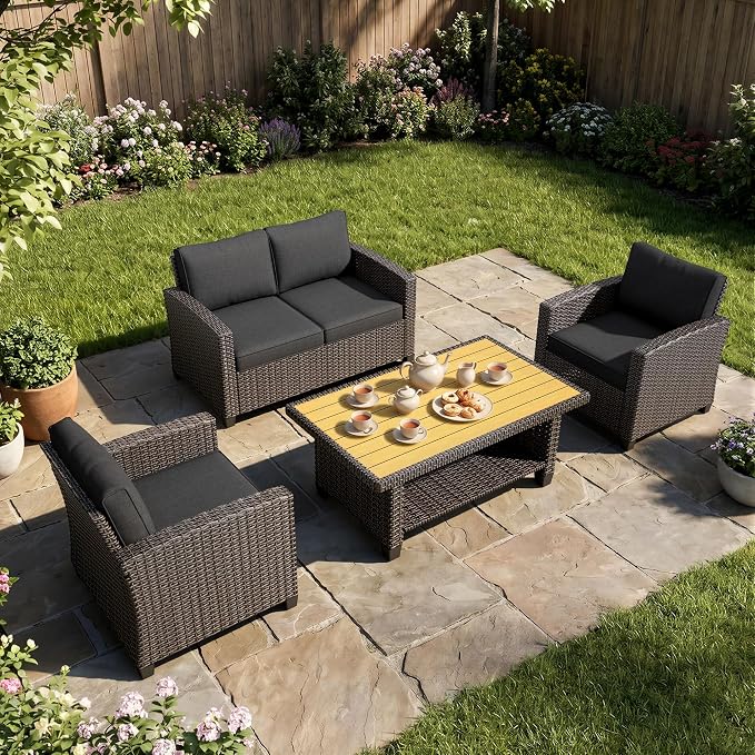 WWR Patio Furniture Set-30% Thicker Wicker-Luxury 4 Piece PatioWicker Outdoor Patio Conversation Set with Extra Wide & Thick Cushions, Armchair, Loveseat for Backyard, Porch & Deck