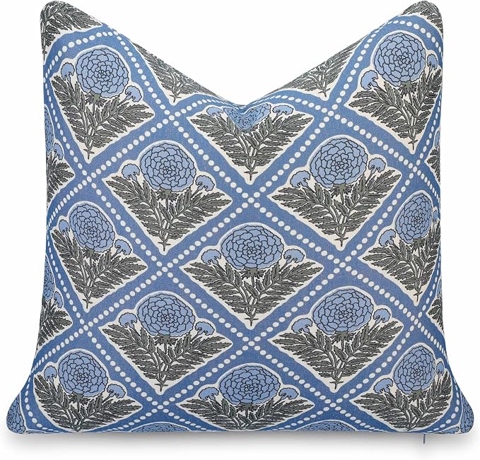 California Casual Coastal Indoor Outdoor Throw Pillow Cover, 20"x20" Water Repellent for Patio, Backyard, Couch, Azure Light Blue Block Print Vintage Hydrangea Flowers