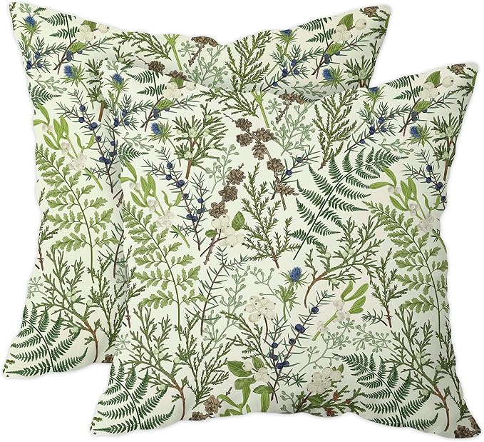 Green Plant Throw Pillow Covers 18x18 Inch Set of 2 Sage Green Botanical Leaf Pillow Covers Vintage Floral Cushion Cover Farmhouse Waterproof Decor for Living Room Bedroom Sofa Patio Outdoor