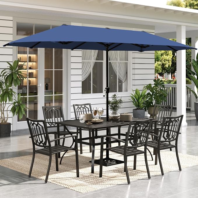 Sophia & William Patio Dining Set for 6 with 13ft Double-Sided Umbrella | 8 Piece Metal Outdoor Table Furniture Set, 6 Outdoor Chairs, 1 Rectangle Dining Table and 1 Large Navy Blue Umbrella
