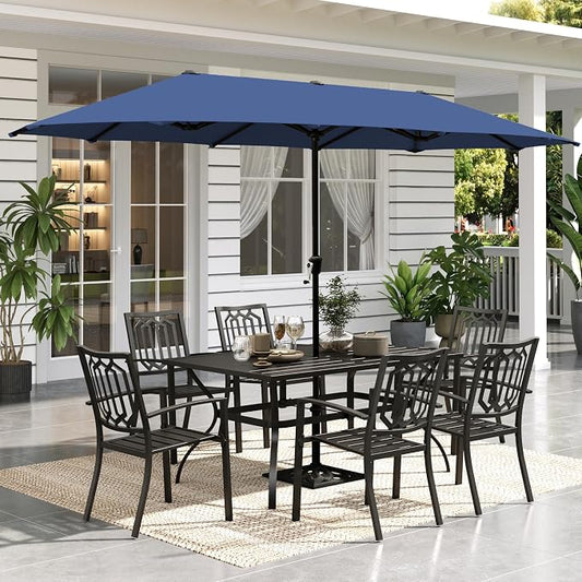 Sophia & William Patio Dining Set for 6 with 13ft Double-Sided Umbrella | 8 Piece Metal Outdoor Table Furniture Set, 6 Outdoor Chairs, 1 Rectangle Dining Table and 1 Large Navy Blue Umbrella