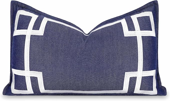 Hofdeco Premium Coastal Hampton Outdoor Performance Lumbar Pillow Cover Only, 12"x20" Water Repellent, UV and Fade Resistant for Backyard, Couch, Poolside, Indigo Blue Embroidered Frame Greek Key