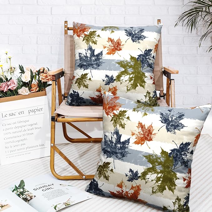 Thanksgiving Autunm Pillow Cover Fall Leaves Throw Pillow Covers 24x24 Maple Leaf Decor Pillow Case Blue Beige White Stripes Pillowcase for Living Room Couch Outdoor Set of 2