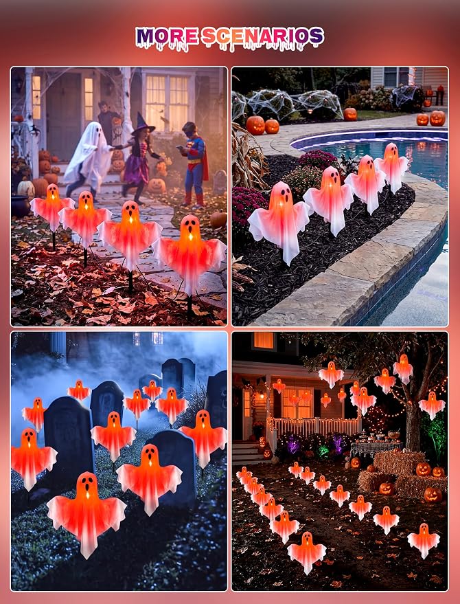 4Pack Halloween Outdoor Pathway Lights, Plug In LED White Ghost Decor Light | 11.5Ft Connectable, Dimmable, Hanging, Indoor and Outdoor for Sidewalk Lawn Garden Porch Balcony Ghost Party Halloween Decor