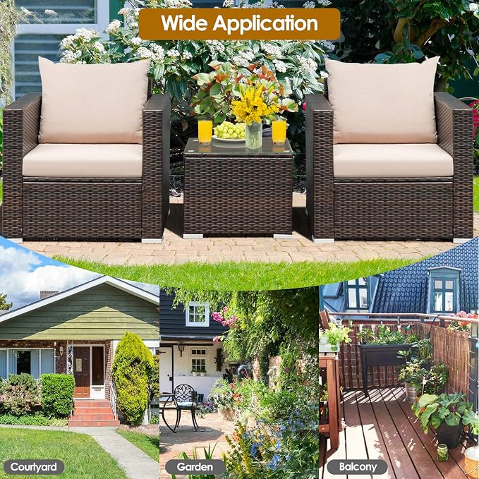HAPPYGRILL 3PCS Patio Furniture Set with Coffee Table Outdoor Rattan Wicker Conversation Sofa Set with Washable Cushions for Garden Poolside