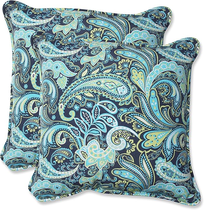 Pillow Perfect Paisley Indoor/Outdoor Accent Throw Pillow, Plush Fill, Weather, and Fade Resistant, Large Throw - 18.5" x 18.5", Blue/Green Pretty, 2 Count