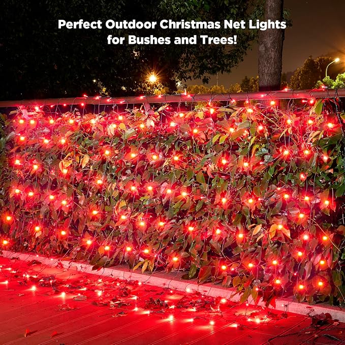 Led Net Lights Christmas Lights Outdoor 200Leds 9ft x 6ft Upgraded Red Christmas Net Lighting, Waterproof 5mm LED Wide Angle Outdoor Indoor Mesh Net Light for Trees, Bushes, Shrubs Decorations