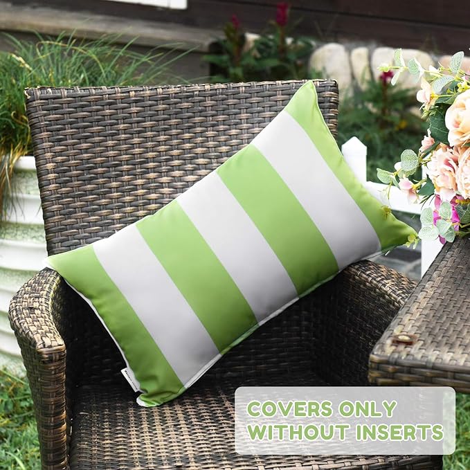 Pack of 2 Decorative Outdoor Waterproof Striped Throw Pillow Covers 12x20 | Green, Solid, Polyester Linen Garden Farmhouse Cushion Cases for Couch Sofa Patio Tent Balcony