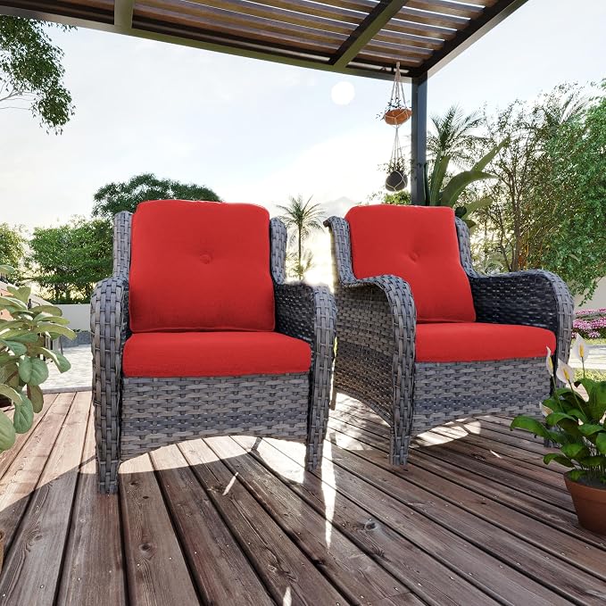 Outdoor Wicker Chair Rattan Dining Chairs Set of 2 PE Wicker Patio Chairs with 3.5 inch Seat Cushions Outdoor Patio Seating Chair for Garden, Backyard Swimming Pool, Balcony, Red