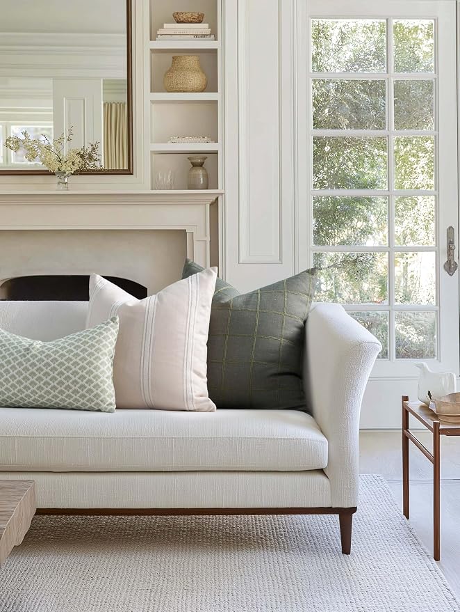 Modern Farmhouse Fall Linen Indoor Outdoor Throw Pillow Cover Only, 22"x22" Water Repellent for Patio, Backyard, Couch, Oliver Green Plaid