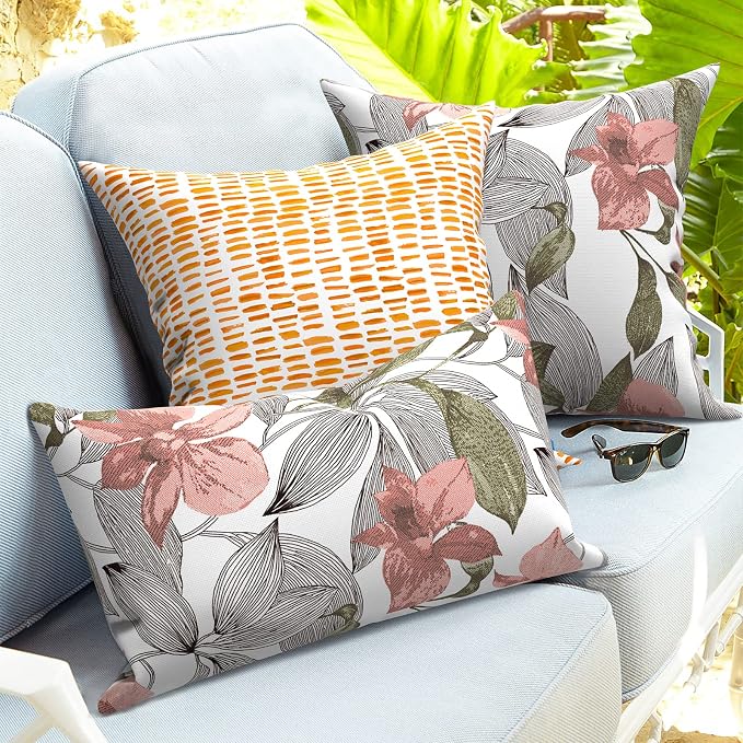 Outdoor Lumbar Pillows 12x20 inch, Rectangle Throw Pillows with Inserts, Decorative Lumbar Cushions for Patio Furniture Garden Couch Home Sofa Office Chair, Pack of 2, Clemens Noir Pink