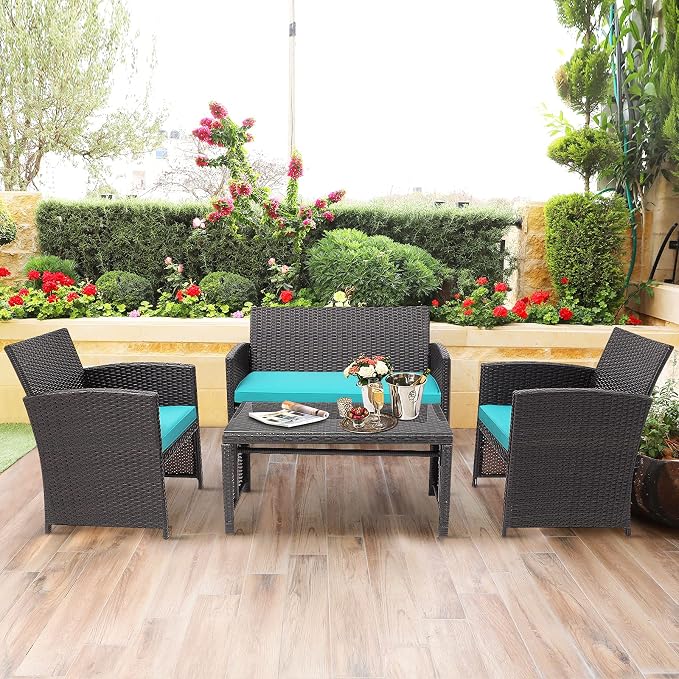HAPPYGRILL Set of 4 Rattan Conversation Set Outdoor Wicker Furniture Set with Tempered Glass Coffee Table, Soft Cushions, Weather-Resistant Rattan Chair Set for Garden Backyard Poolside