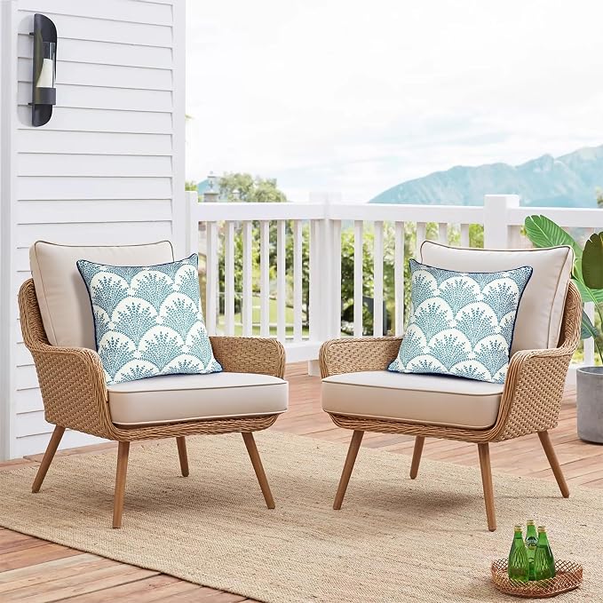 Outdoor Pillow Covers 18x18 Inch, Water-Resistant Decorative Pillow Covers Pack of 2, Floral Throw Pillow Case for Patio Furniture Tent Garden, Blue Feathered Flower with Blue Edge, Cover ONLY