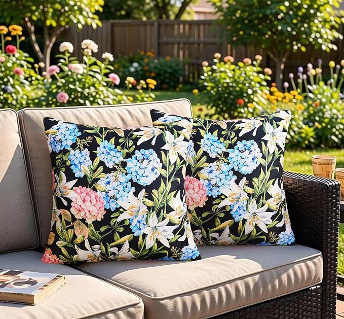 Merrycolor Pack of 2 Outdoor Waterproof Throw Pillow Covers 18x18 Summer Blue Pink Hydrangea Floral Decorative Square Pillowcase Outdoor Pillow Covers for Patio Furniture Garden