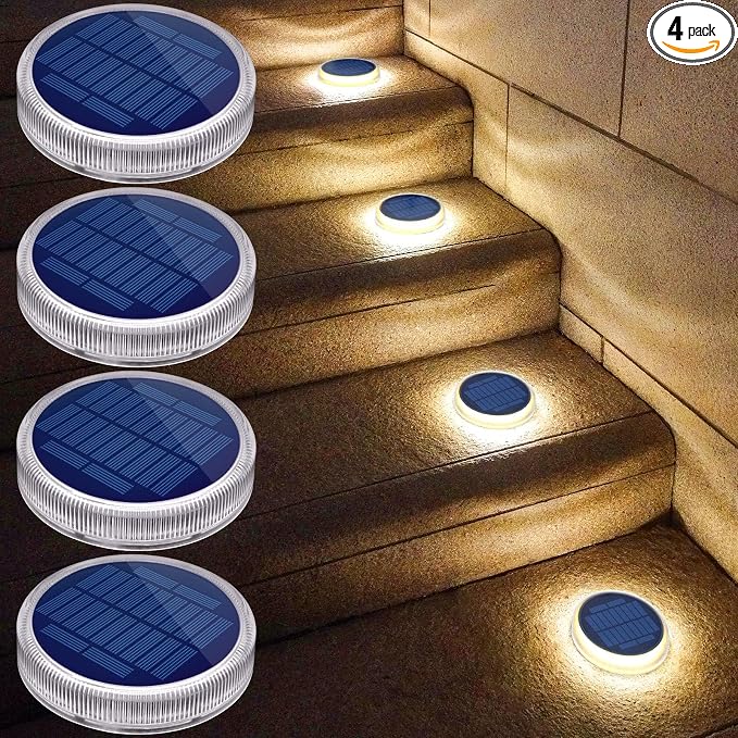 Solar Dock Lights Outdoor Waterproof Stick on Boat Deck Step Stair Driveway Lights Solar Powered for Outside Concrete Flat Disks Patio Ground RV Landscape Walkway Pathway Sidewalk Auto ON/Off (4 Pack)