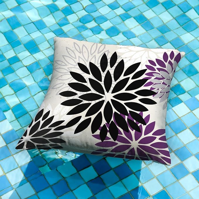 DFXSZ Outdoor Waterproof Pillow Covers 20x20 Set of 2 Black Purple Flower | Spring Summer Waterproof Flower Throw Pillowcases（No Inserts）Outdoor Decor for Patio Funiture Garden Polyester Covers