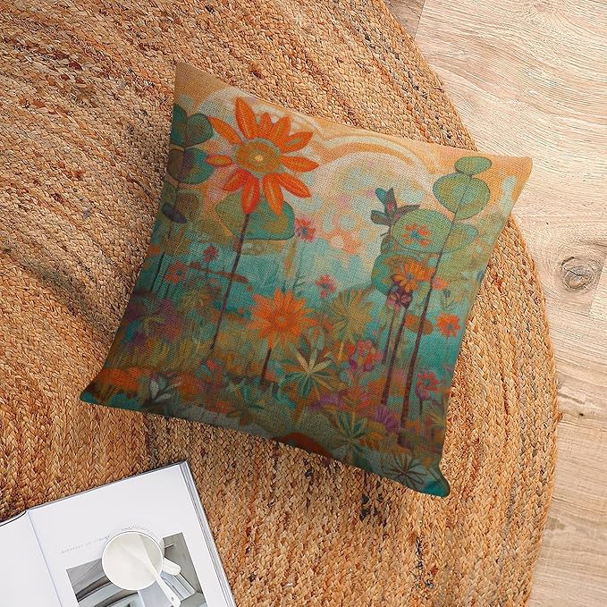 Pillowcover Oil Painting Colorful Garden Flowers Cushion Pillow Cover 20"x20" Farmhouse Flower Linen Cushion Case Outdoor Home Decoration Pillow Case Farmhouse Rustic Cushion Case for Sofa Couch