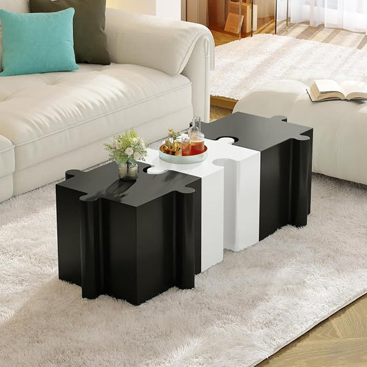 Christopher Knight Home Daton 3 Piece Interlocking Outdoor Side Table Set, Modular Lightweight Concrete Coffee Table, Convertible MGO End Table for Indoor&Outdoor, Creative Set Up, Black+White
