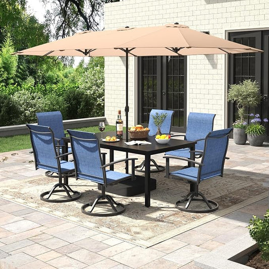 7 Pieces Patio Dining Set with Patio Umbrella, Outdoor Furniture of 63" Rectangular Patio Table and Patio Swivel Chairs for Backyard Lawn Garden, Black Table and Dark Blue Chairs