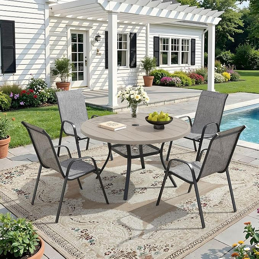 DIFY 5 Piece Outdoor Dining Set, 40" Grey Wood-Like Round Metal Patio Table and Grey Textilene Stackable Chairs for 4, All Weather Patio Furniture Set with Umbrella Hole for Backyard Garden Deck