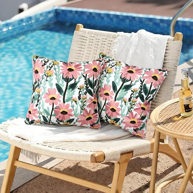 Floral Waterproof Outdoor Throw Pillow Covers 18x18 Inch Set of 2 | Pink Floral Pillow Cover, Summer Outdoor Decor Cushion Cases for Garden Patio Balcony Funiture Porch Couch Sofa