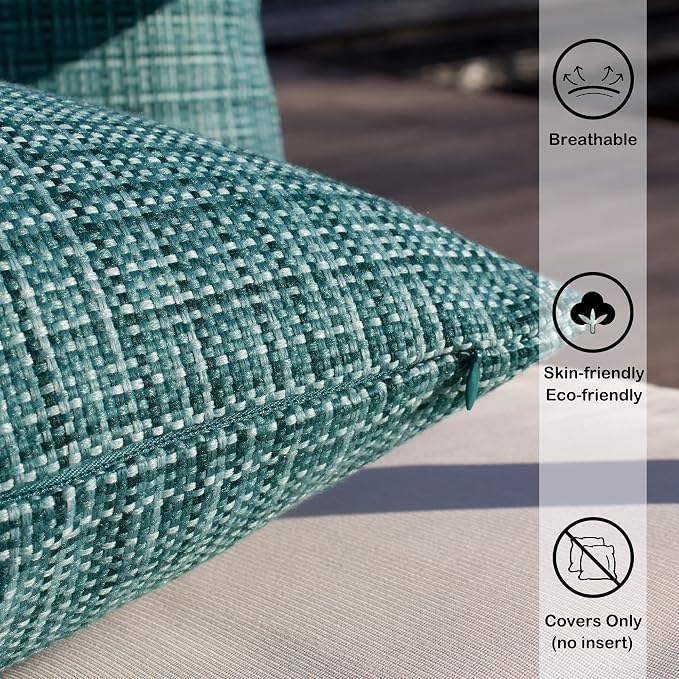 Kevin Textile Outdoor Waterproof 22x22 Inch Pillow Covers 2 Pack, Teal | Water Resistant, Faux Linen Yarn-dyed, Woven Texture Throw Pillow Covers for Tent Patio Garden Couch Sofa