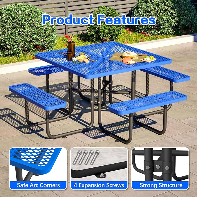 46'' Square Metal Picnic Table with 1.73" Umbrella Hole, Heavy-Duty Commercial Grade Steel Table Set, Rust Resistant Mesh Tabletop, Smooth Round Corner Design for Patio, Garden, Park & BBQ, Blue