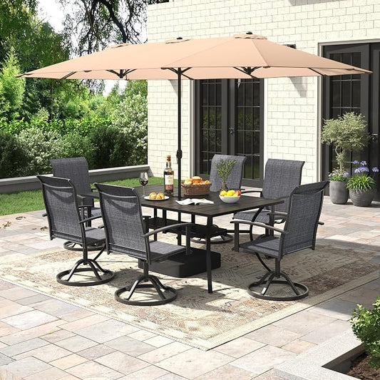 7 Pieces Patio Dining Set with Patio Umbrella, Outdoor Furniture of 59.2" Rectangular Patio Table and Patio Swivel Chairs for Backyard Lawn Garden, Black Table and Black Chairs