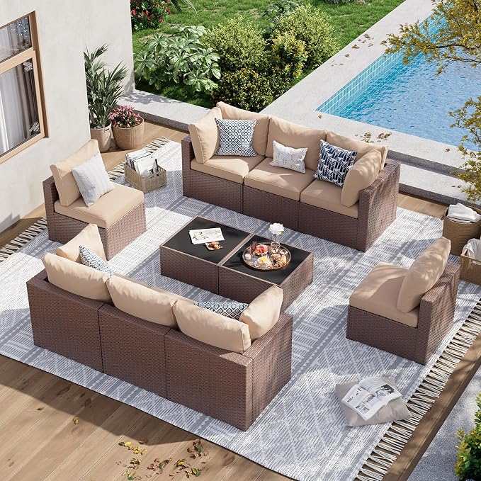 Aoxun 10 Piece Patio Furniture Set Wicker Rattan Patio Sectional Sofa Set Outdoor Seating Furniture with Thickened Cushion, Brown