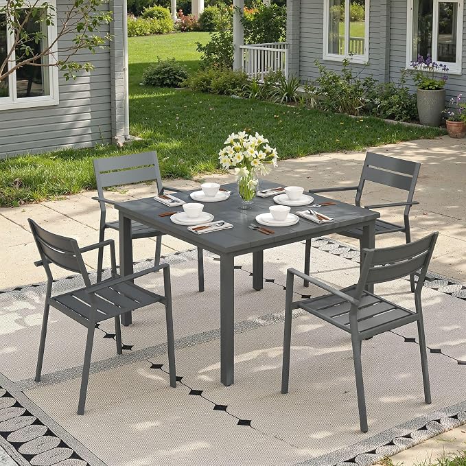 Patio Dining Set for 4, 40.2" Outdoor Dining Table and Chairs Set with Stackable Patio Chairs Outdoor Furniture for Garden Deck Backyard, Dark Grey Table and Grey Chairs