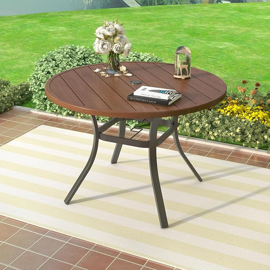Patio Dining Table for 4,Steel Slatted Round Outdoor Table with Adjustable Umbrella Hole,41",Brown